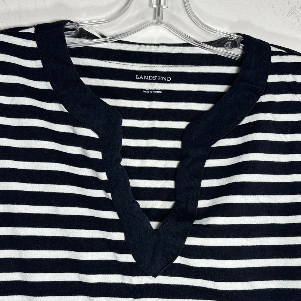 Lands End Black White Striped Sleeveless Split V-Neck Cotton Shift‎ Dress L
